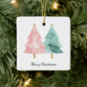 Adorno De Cerámica Árboles de Navidad verdes rosados