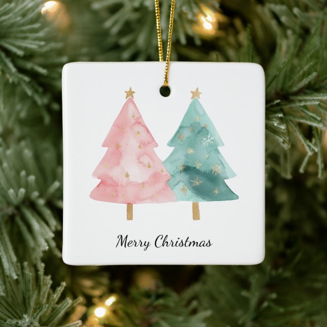 Adorno De Cerámica Árboles de Navidad verdes rosados (Árbol)