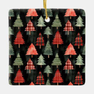 Adorno De Cerámica Árboles navideños rojos y verdes en negro