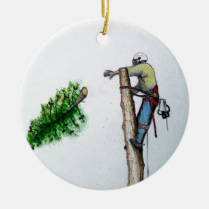 Adorno De Cerámica Arborista de cirujanos arbóreos en el trabajo actu
