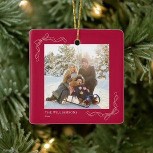 Adorno De Cerámica Arco rojo de Navidad personalizado con foto de fam