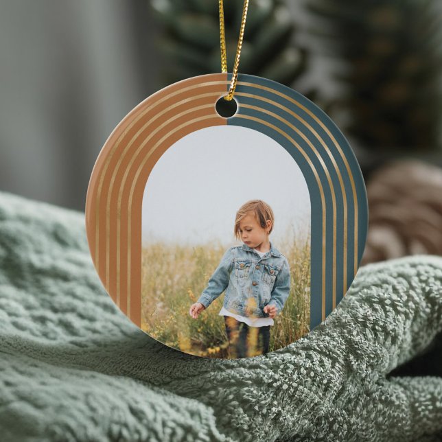 Adorno De Cerámica Arcos de oro geométricos modernos 3 foto (Modern Geometric Concentric Golden Arches 3 Photo Ceramic Ornament)