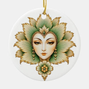 Adorno De Cerámica Aretes Esmeralda y Oro Lady Flower Loto Persa