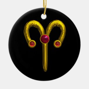 Adorno De Cerámica ARIES ZODIAC BIRTHDAY JEWEL Red Ruby Gold