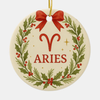 Adorno De Cerámica Aries Zodiac Christmas Ornament – Festive Holly Wr
