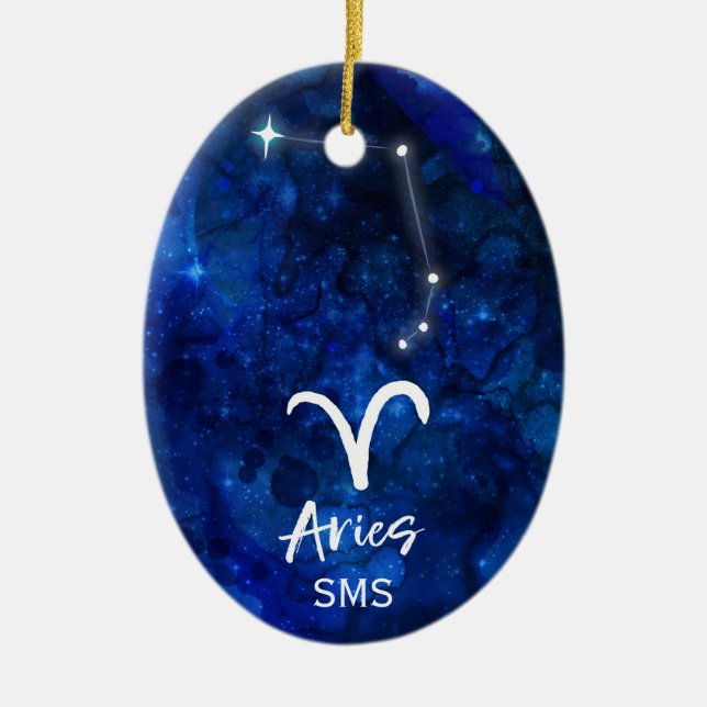 Adorno De Cerámica Aries Zodiac Constellation Blue Galaxy Monograma (Frente)