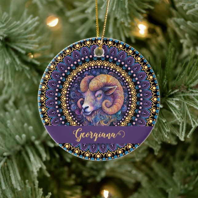 Adorno De Cerámica Aries Zodiac Dot Mandala (Árbol)