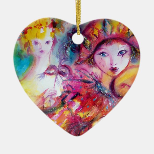 Adorno De Cerámica ARLECCHINO Y COLOMBINA de corazón rojo rosado (Frente)
