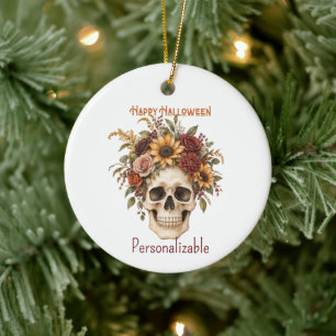 Adorno De Cerámica Arreglo Floral de Calavera Feliz Halloween Otoño