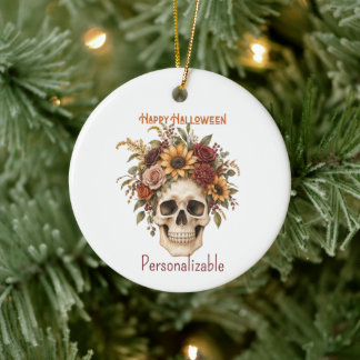 Adorno De Cerámica Arreglo Floral de Calavera Feliz Halloween Otoño