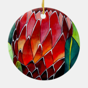 Adorno De Cerámica Arte acuarela original de la flor Protea Roja