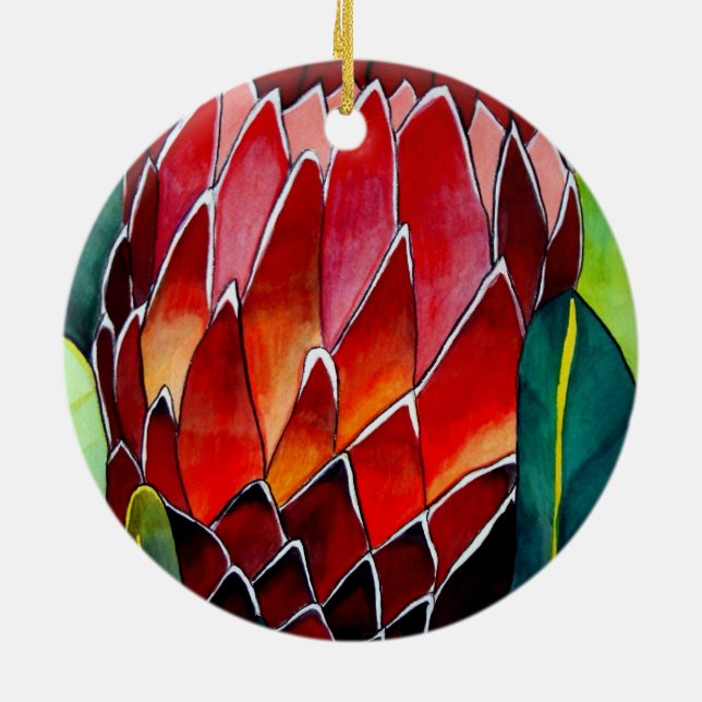 Adorno De Cerámica Arte acuarela original de la flor Protea Roja (Atrás)
