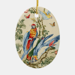 Adorno De Cerámica Arte Antiguo de Loro Tropical y Mariposa