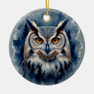 Adorno De Cerámica Arte de Acuarela del Búho de la Luna Mística   Bos