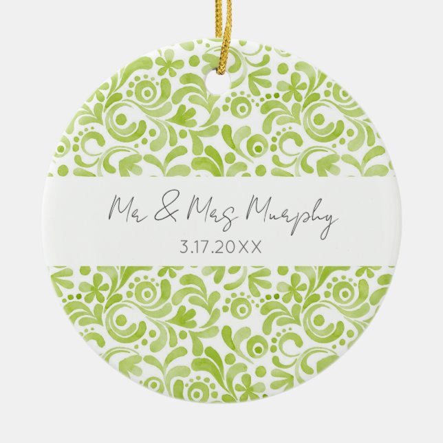 Adorno De Cerámica Arte de Acuarela Verde Boda NAME DATE Recuerdo (Frente)