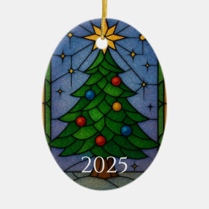 Adorno De Cerámica Arte de árbol de Navidad en vidrio emplomado vinta