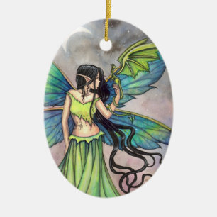 Adorno De Cerámica Arte de fantasía de hada verde y dragón
