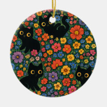 Arte de jardín Kawaii | Patrón floral de gato negr