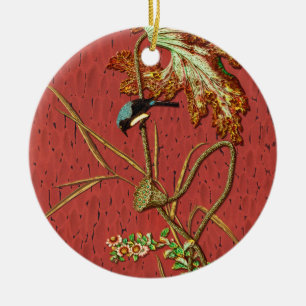 Adorno De Cerámica Arte de Loto de Pájaro Japonés Rojo Antiguo G.A. A