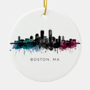 Adorno De Cerámica Arte de Massachusetts   Acuarela del horizonte de 