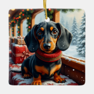 Adorno De Cerámica Arte de Navidad de Dachshund