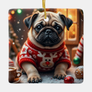 Adorno De Cerámica Arte de Navidad Pug