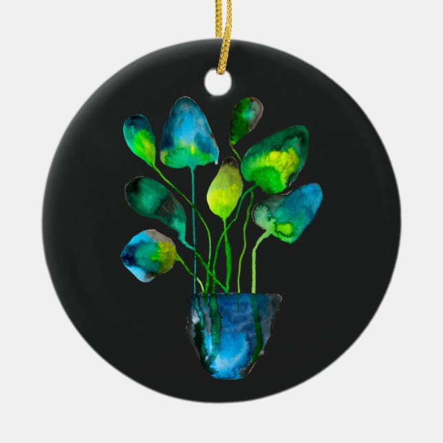 Adorno De Cerámica Arte de planta acuarela abstracto verde y azul (Frente)