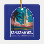 Adorno De Cerámica Arte de viajes de Ilustracion de Florida en Cabo C<br><div class="desc">Diseño de viaje vectorial retro de Cabo Canaveral. El Cabo Canaveral es una ciudad de la costa atlántica de Florida. El Centro Espacial Kennedy,  al norte de la ciudad,  cuenta con una simulación de lanzamiento de un transbordador de la NASA y memorabilia de astronautas.</div>