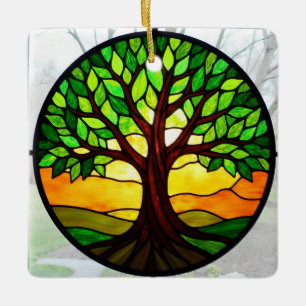 Adorno De Cerámica Arte de Vidrio Teñido, Árbol de la Vida en Vidrio