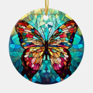 Adorno De Cerámica Arte de Vidrio Teñido, Mariposa de Arcoíris en Vid