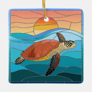 Adorno De Cerámica Arte de Vidrio Teñido, Tortuga Marina de Vidrio Te