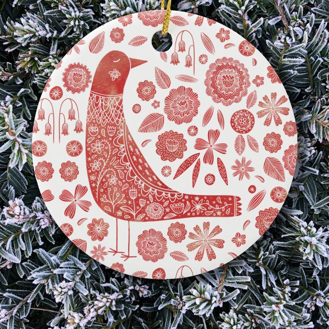 Adorno De Cerámica Arte folclórico de aves (Nordic Scandinavian bird red and white Christmas ornament)