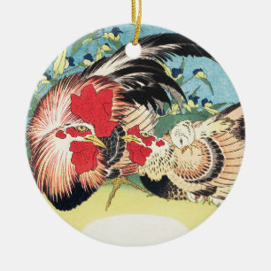Adorno De Cerámica Arte japonés vintage de Hokusai Gallo Gallina Flor