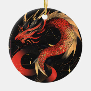 Adorno De Cerámica Arte majestuoso del dragón chino rojo y dorado