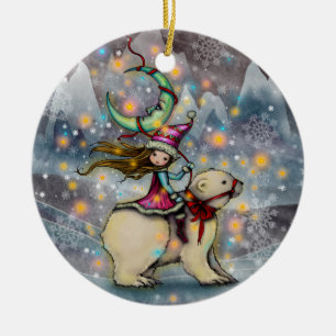 Adorno De Cerámica Arte Navideño de Elfo Cabalgando Oso Polar