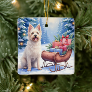 Adorno De Cerámica Arte Navideño de Trineo Vintage Briard Invierno