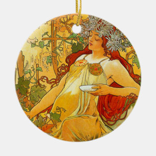 Adorno De Cerámica Arte Nouveau de Otoño de Alphonse Mucha
