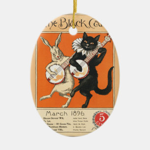 Adorno De Cerámica Arte Retro Naranja Gato Negro Conejo Blanco Banjo