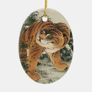 Adorno De Cerámica Arte vintage japonés Edo Tigre en bosque de bambú
