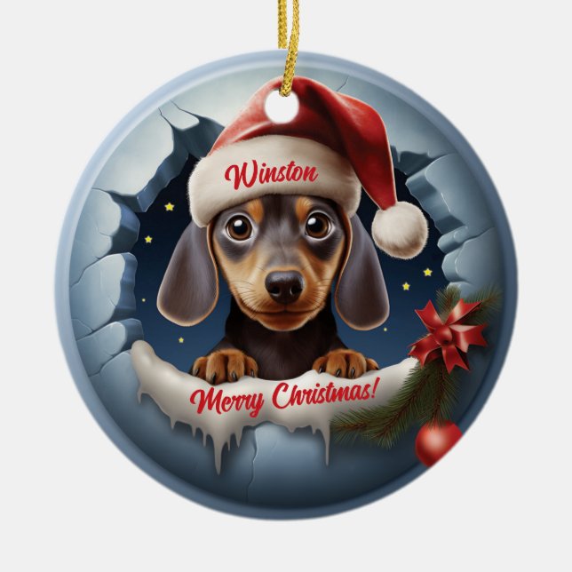 Adorno De Cerámica Aspecto 3D personalizado de Dachshund con Santa Ha (Frente)