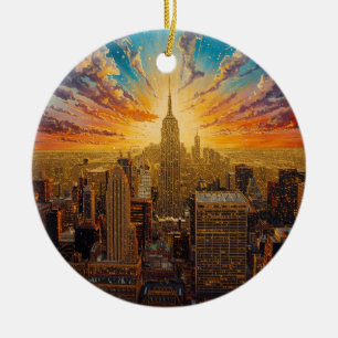 Adorno De Cerámica Atardecer dorado sobre el horizonte de la ciudad d