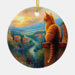 Adorno De Cerámica Atardecer Toscano con un Gato Jengibre