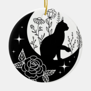 Adorno De Cerámica Atrapa luz de gato blanco y negro luna ventana