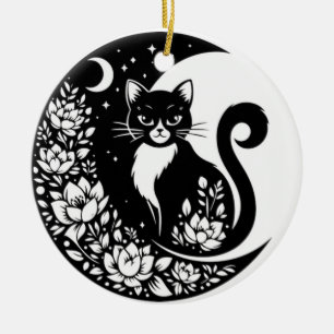 Adorno De Cerámica Atrapa luz de gato blanco y negro luna ventana