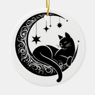 Adorno De Cerámica Atrapa luz de gato negro y blanco luna ventana