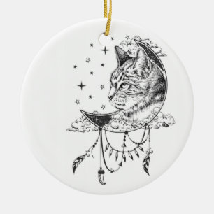Adorno De Cerámica Atrapa luz de gato negro y blanco luna ventana