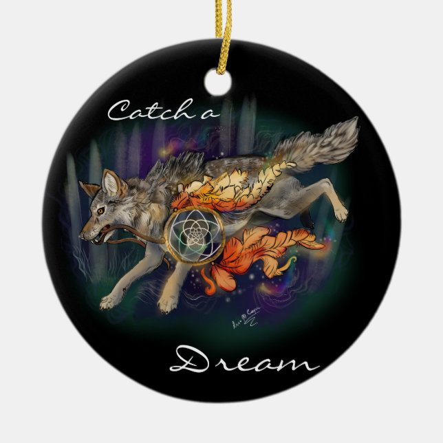 Adorno De Cerámica Atrapa un sueño, Dreamcatcher Wolf~ornamento (Frente)