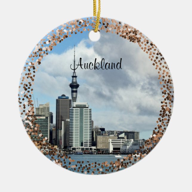 Adorno De Cerámica Auckland Cityscape, etiquetado, (Frente)
