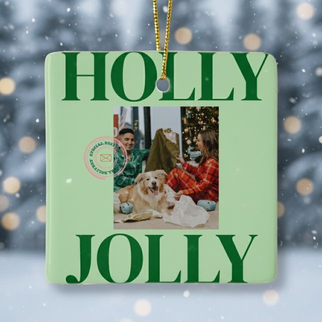 Adorno De Cerámica Audaz tarjeta de vacaciones con timbre de fotos fa (Celebrate the season in bold style with this playful “Holly Jolly” ornament!)