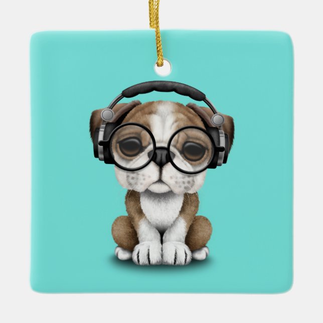 Adorno De Cerámica Auriculares que llevan de DJ del perrito lindo del (Anverso)